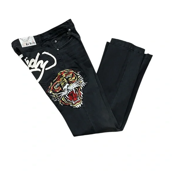 Y2K Ed Hardy Women's Biker Chic Black Denim Tiger head Slim Flare Jean Size: 30 - Picture 4 of 12